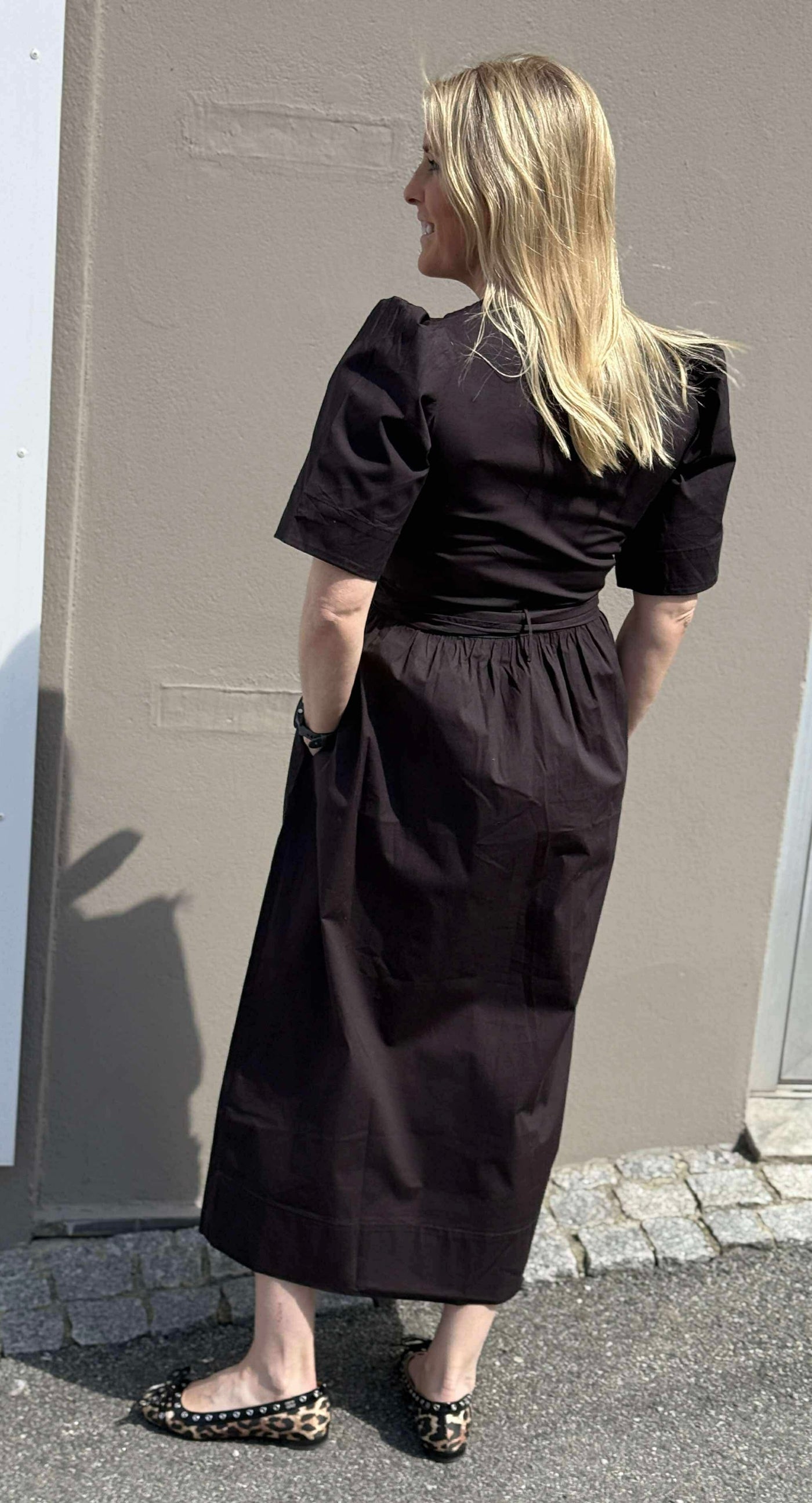 Strech Cotton Tie Strap Midi Dress, Black