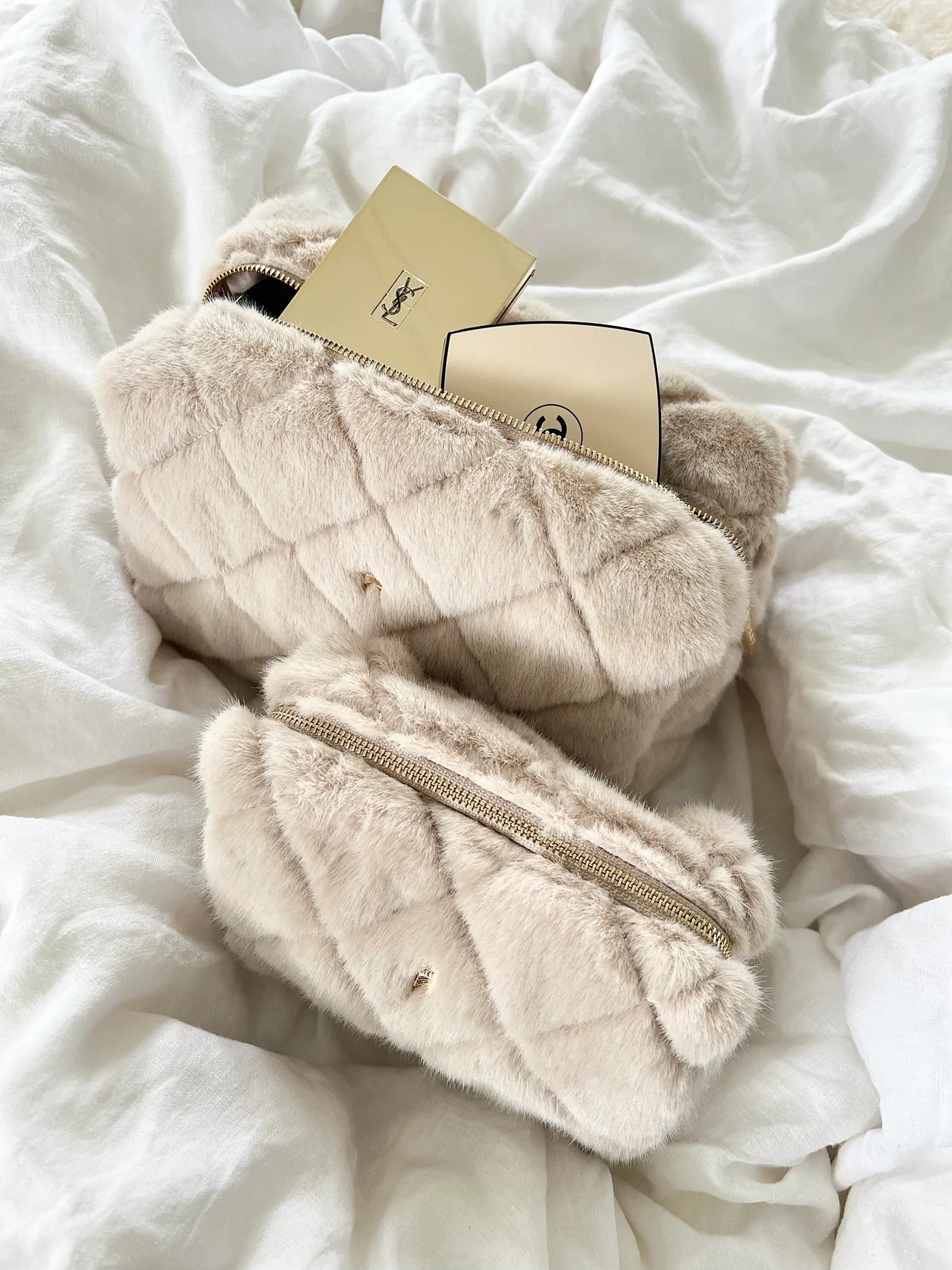 Faux Fur Quilted Make-Up Pouch Small, Sand