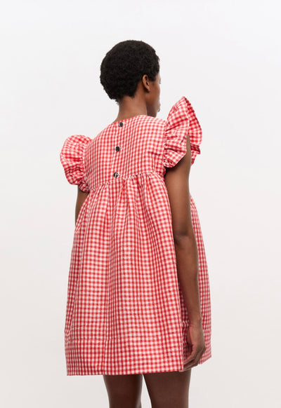Crinkled Taffeta Check Frill Mini Dress, Red Alert