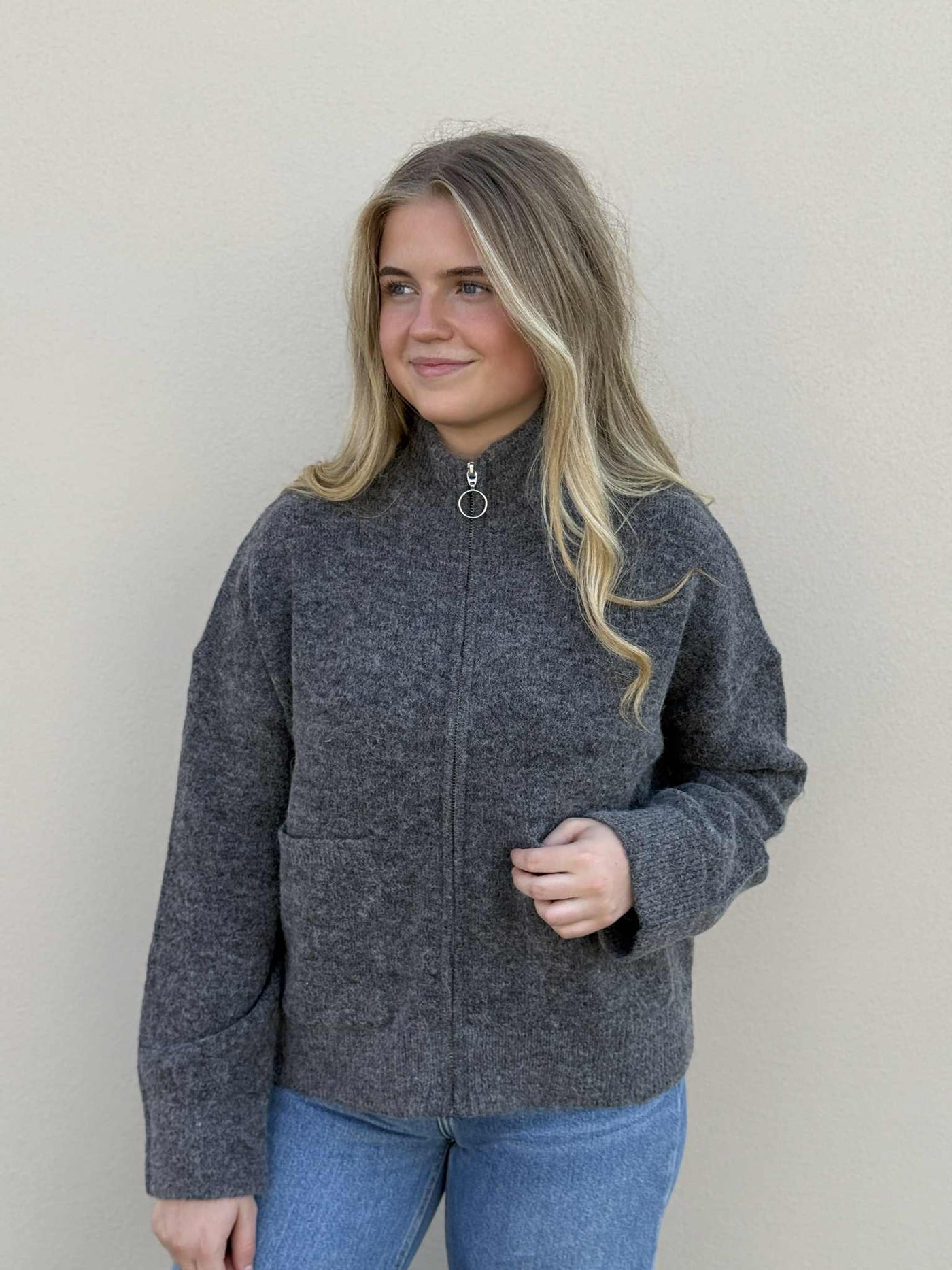 Sia Ras LS Knit Zipper Cardigan, Medium Gray