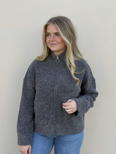 Sia Ras LS Knit Zipper Cardigan, Medium Gray