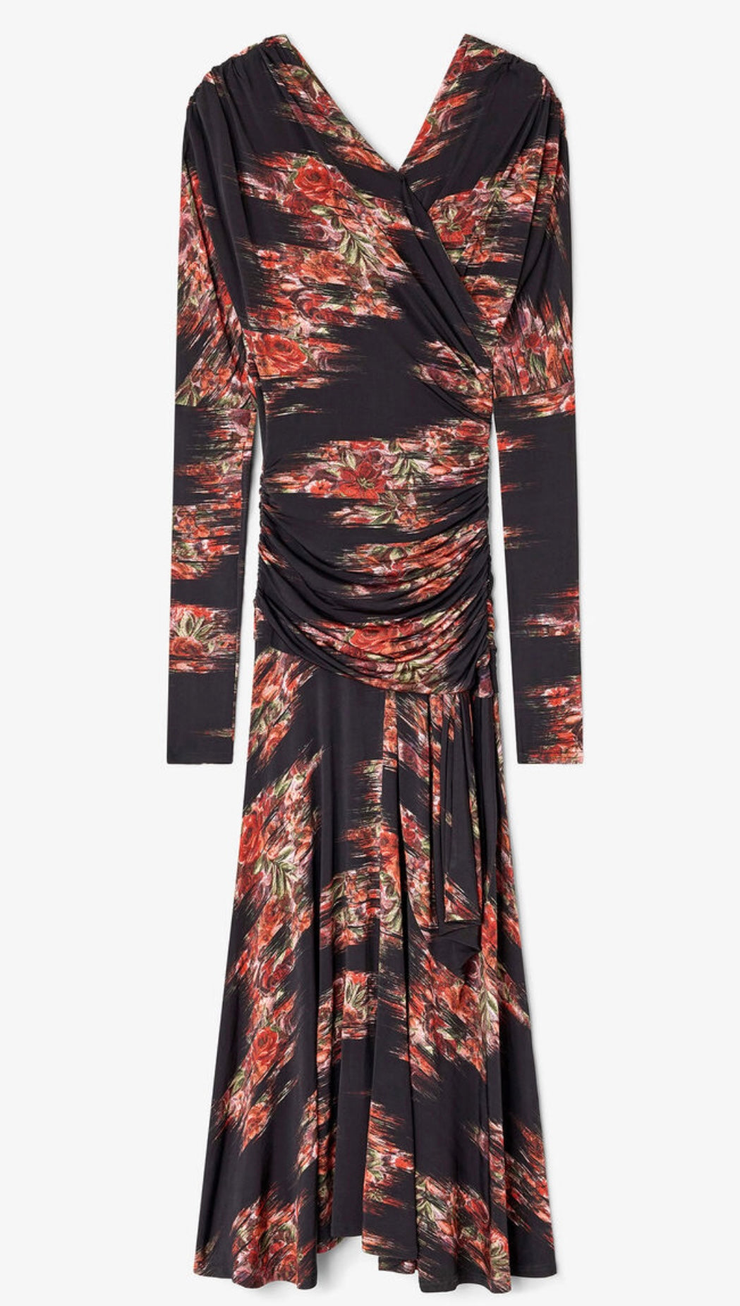 Printed Shiny Jersey Ruched Long Dress, Black