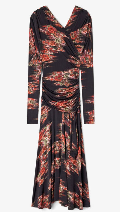 Printed Shiny Jersey Ruched Long Dress, Black