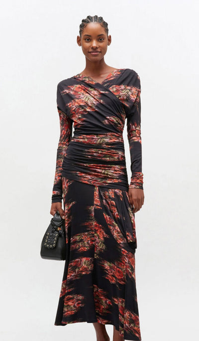 Printed Shiny Jersey Ruched Long Dress, Black