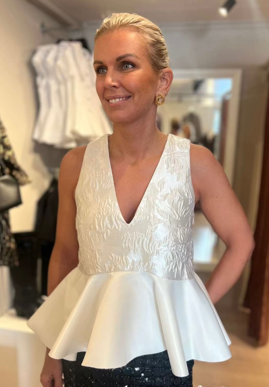 Satin Cloque Sleeveless Peplum Blouse, Egret