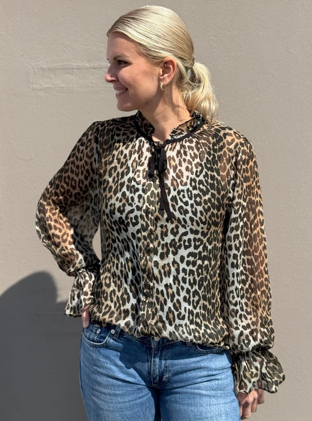 Printed Viscose Chiffon Tie String Shirt, Leopard